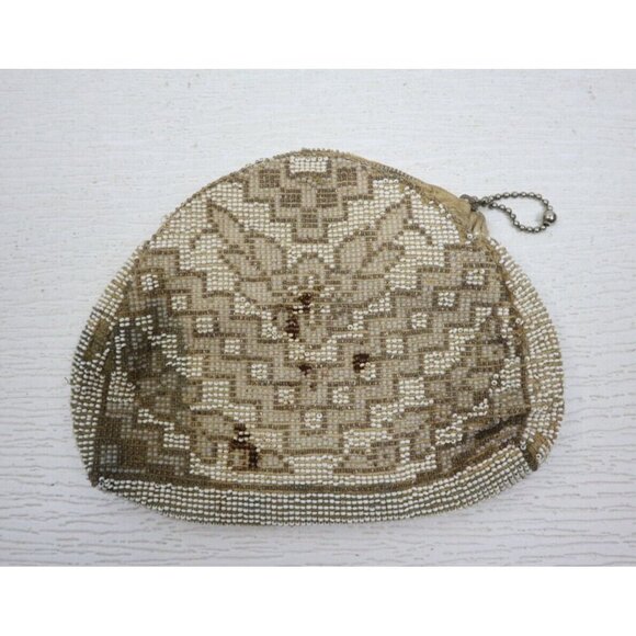 VINTAGE IVORY WHITE FULLY BEADED CLUTCH PURSE HANDBAG 6.5" X 5" - Picture 1 of 9